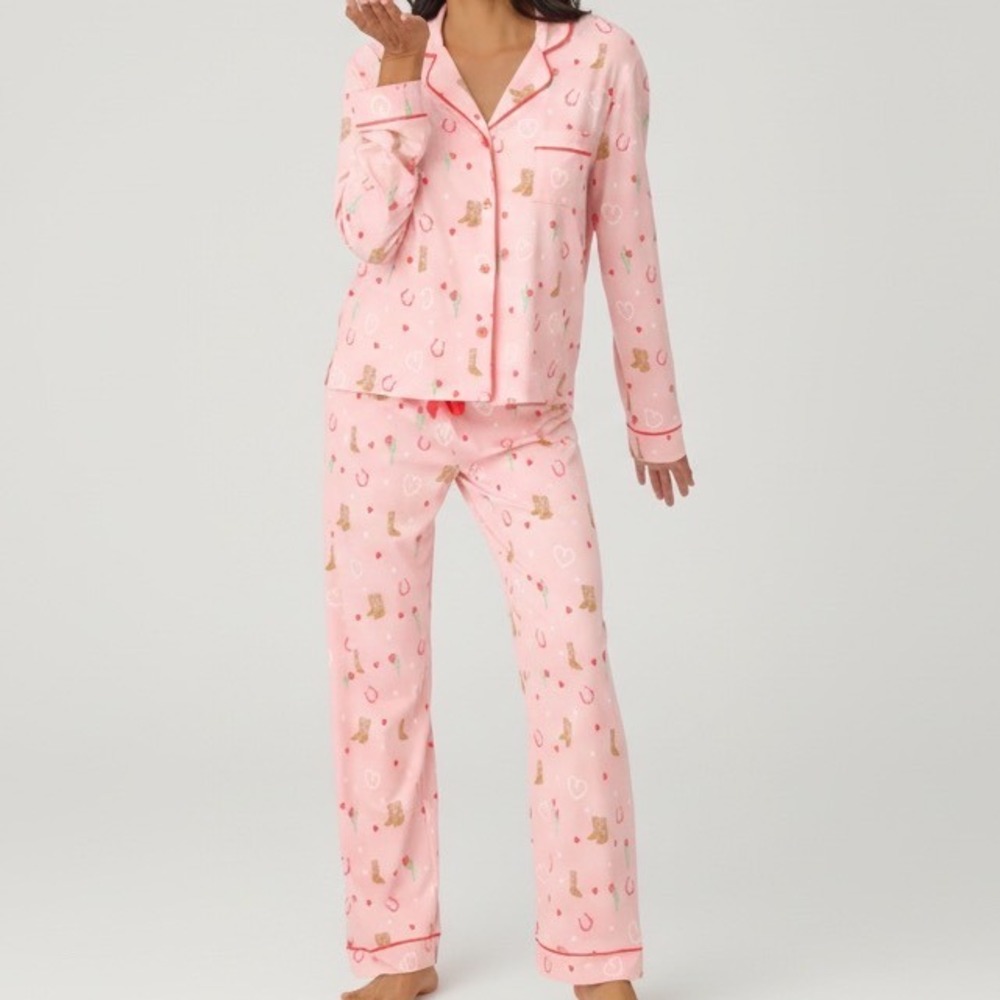 PJ Salvage Whimsy Boot Scootin Pink Pajama Set Western Cowboy Hearts Medium